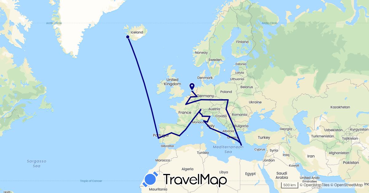 TravelMap itinerary: driving in Belgium, Switzerland, Czech Republic, Germany, Spain, France, Greece, Hungary, Iceland, Italy, Netherlands, Poland, Portugal (Europe)